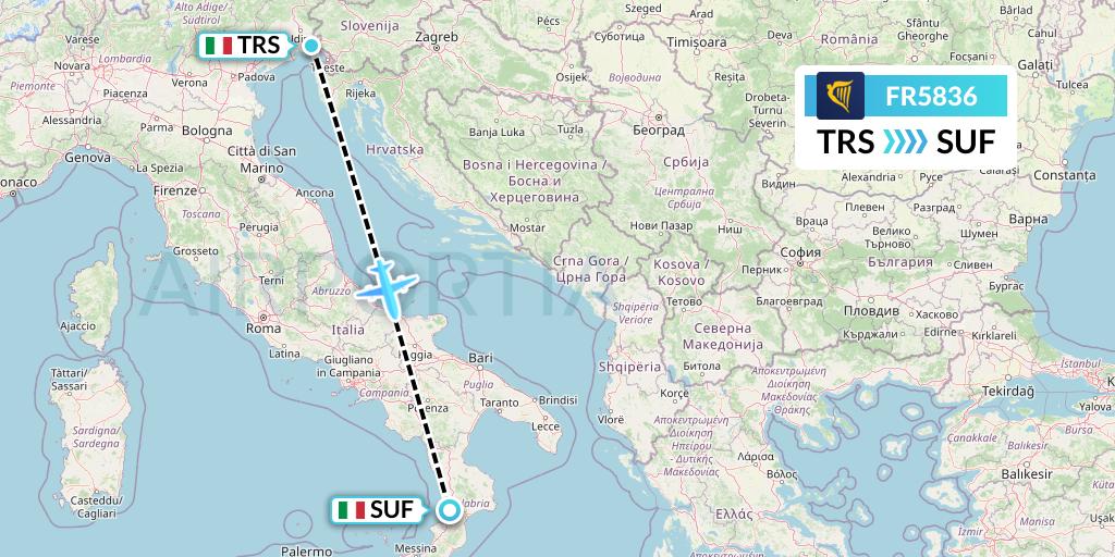 FR5836 Ryanair Flight Map: Trieste to Lamezia Terme
