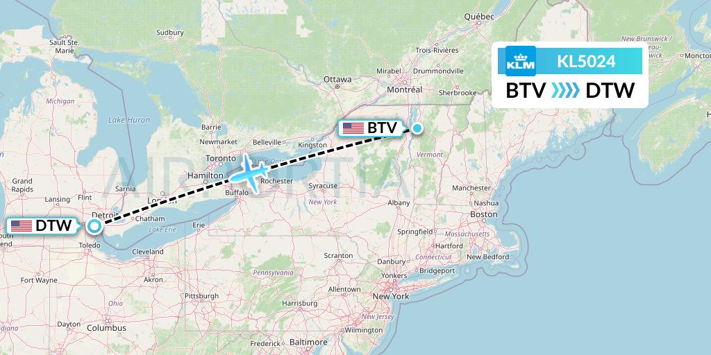 KL5024 KLM Flight Map: Burlington to Detroit