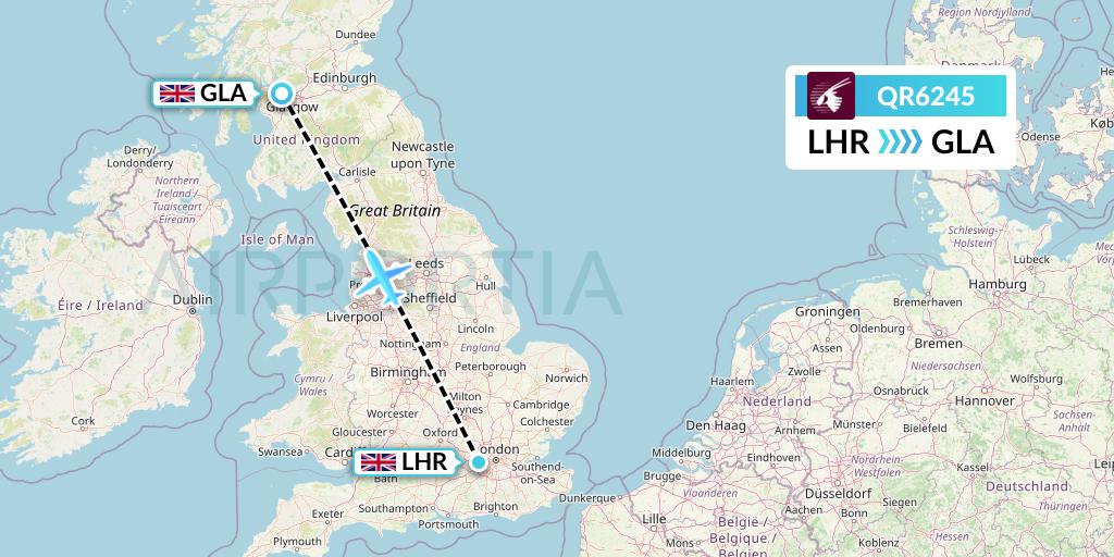 QR6245 Qatar Airways Flight Map: London to Glasgow