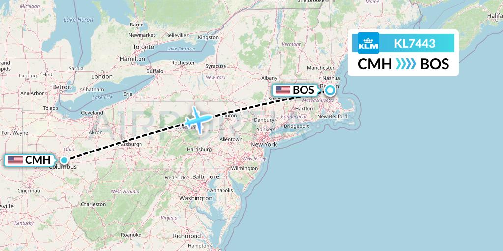 KL7443 KLM Flight Map: Columbus to Boston