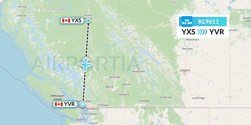 KL9611 KLM Flight Map: Prince George to Vancouver
