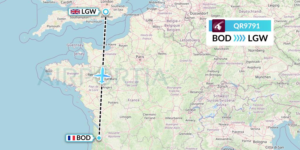 QR9791 Qatar Airways Flight Map: Bordeaux to London