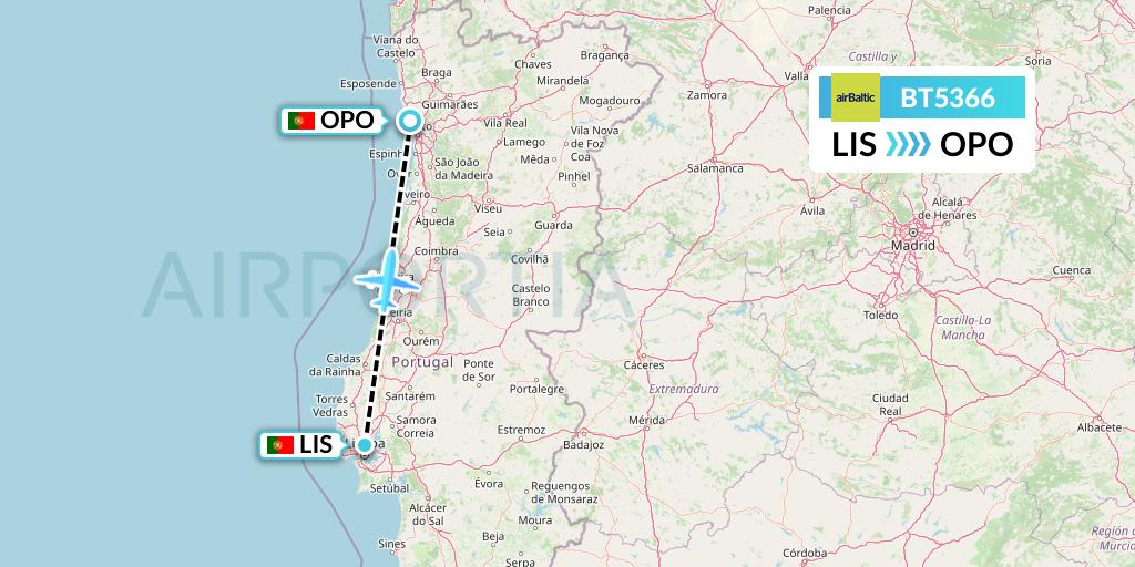BT5366 Air Baltic Flight Map: Lisbon to Porto