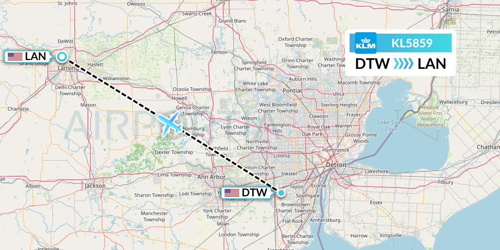 KL5859 KLM Flight Map: Detroit to Lansing