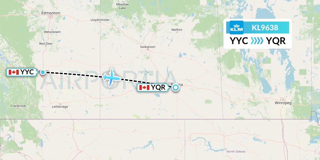 KL9638 KLM Flight Map: Calgary to Regina