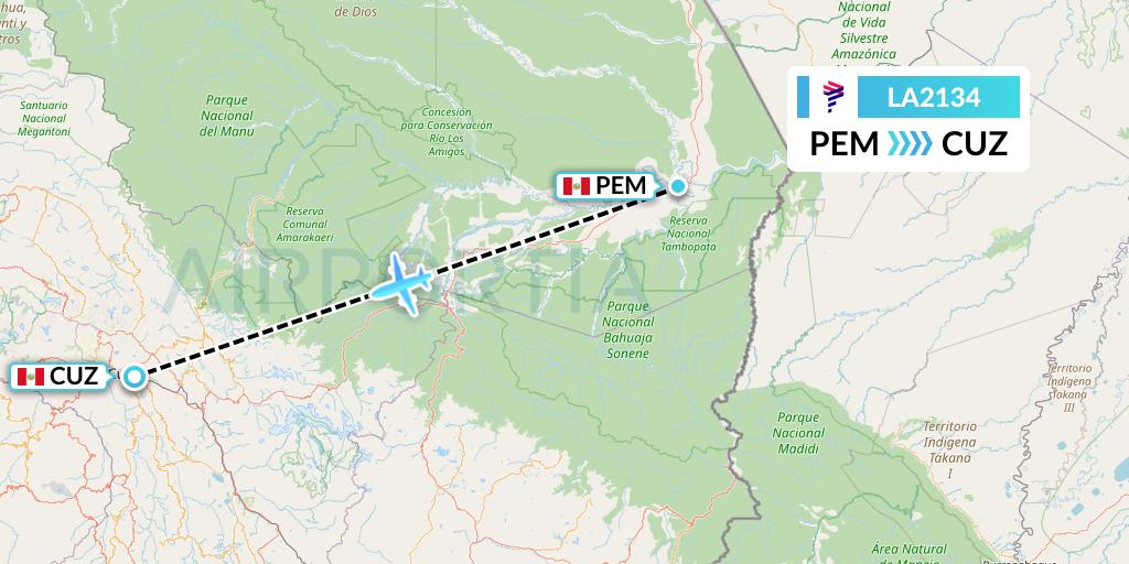 LA2134 LAN Airlines Flight Map: Puerto Maldonado to Cusco