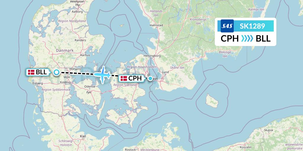 SK1289 SAS Flight Map: Copenhagen to Billund