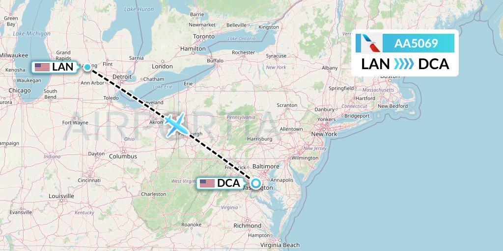 AA5069 American Airlines Flight Map: Lansing to Washington