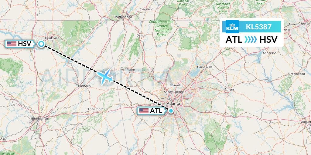 KL5387 KLM Flight Map: Atlanta to Huntsville