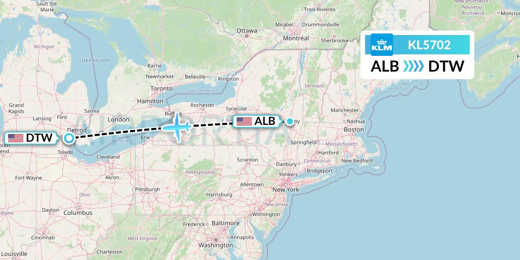 KL5702 KLM Flight Map: Albany to Detroit