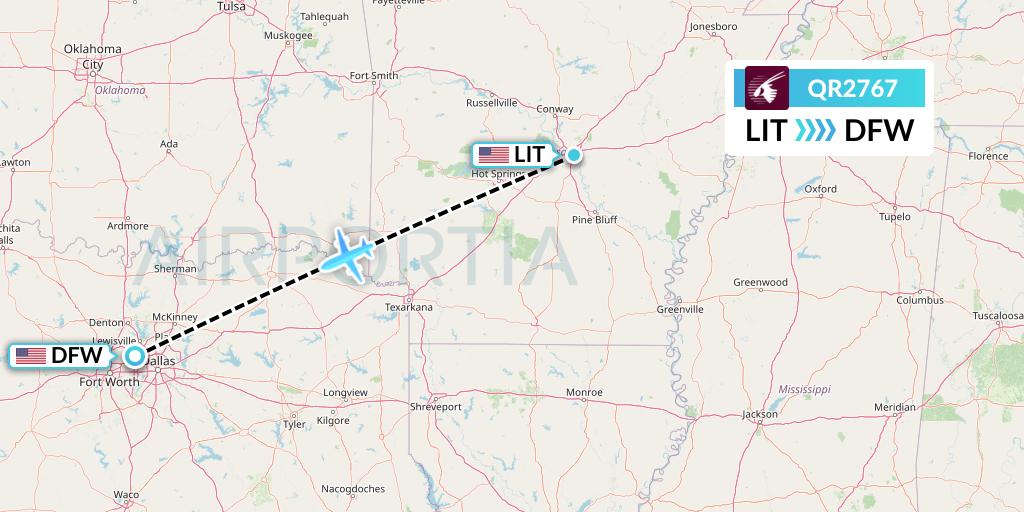 QR2767 Qatar Airways Flight Map: Little Rock to Dallas