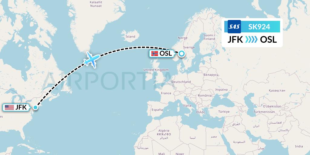 SK924 SAS Flight Map: New York to Oslo