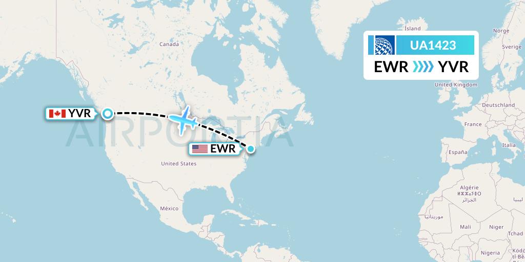 UA1423 United Airlines Flight Map: New York to Vancouver