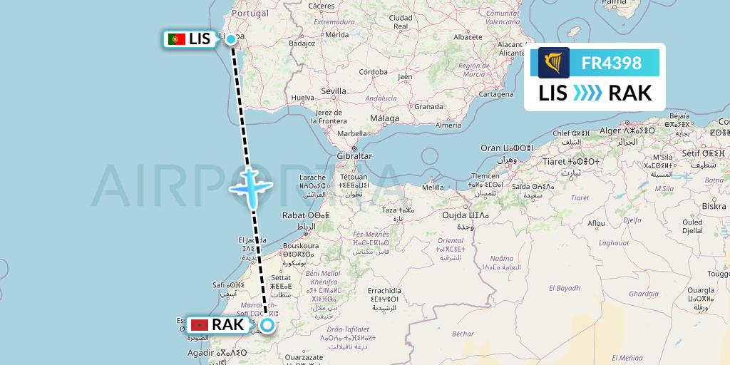 FR4398 Ryanair Flight Map: Lisbon to Marrakesh