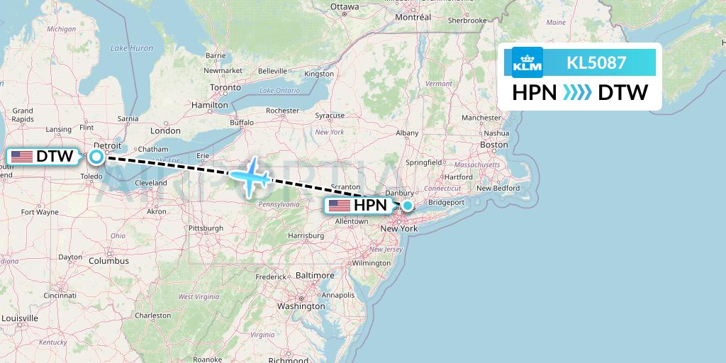KL5087 KLM Flight Map: White Plains to Detroit