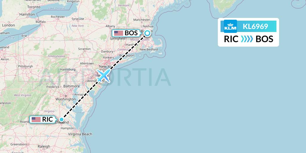 KL6969 KLM Flight Map: Richmond to Boston