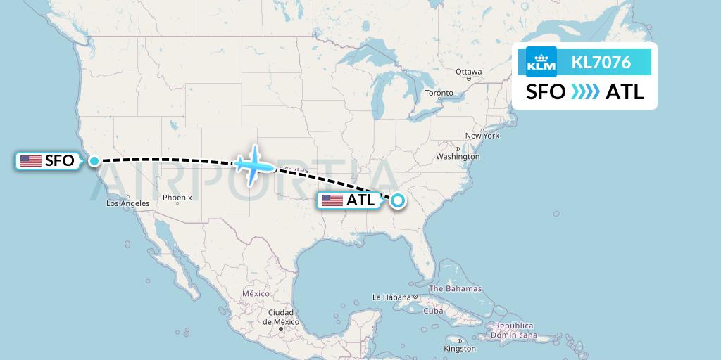 KL7076 KLM Flight Map: San Francisco to Atlanta