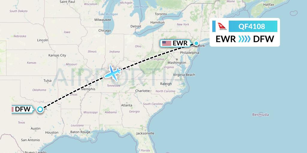 QF4108 Qantas Flight Map: New York to Dallas