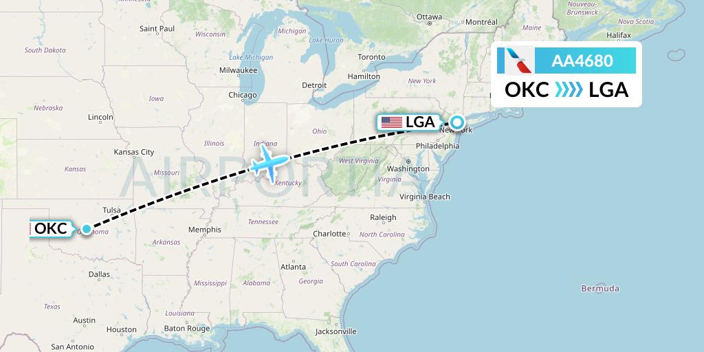AA4680 American Airlines Flight Map: Oklahoma City to New York