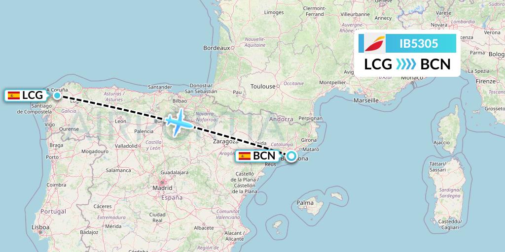 IB5305 Iberia Flight Map: A Coruna to Barcelona