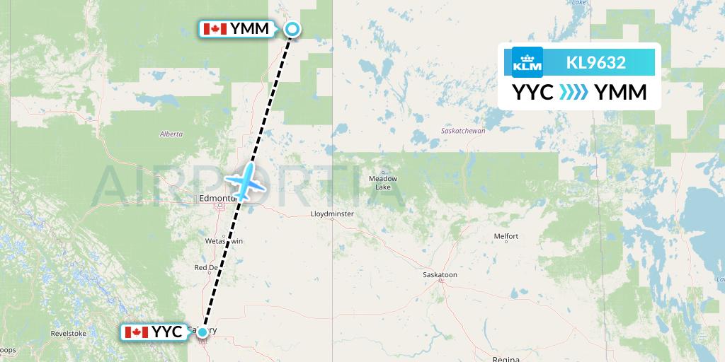 KL9632 KLM Flight Map: Calgary to Fort McMurray