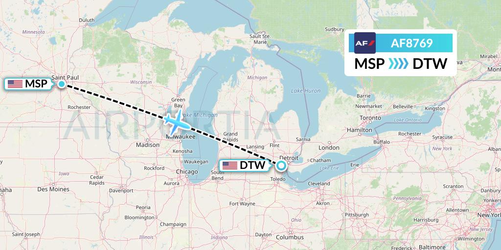AF8769 Air France Flight Map: Minneapolis to Detroit
