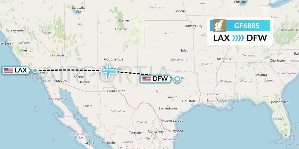 GF6885 Gulf Air Flight Map: Los Angeles to Dallas