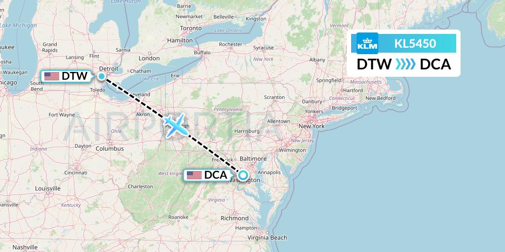 KL5450 KLM Flight Map: Detroit to Washington