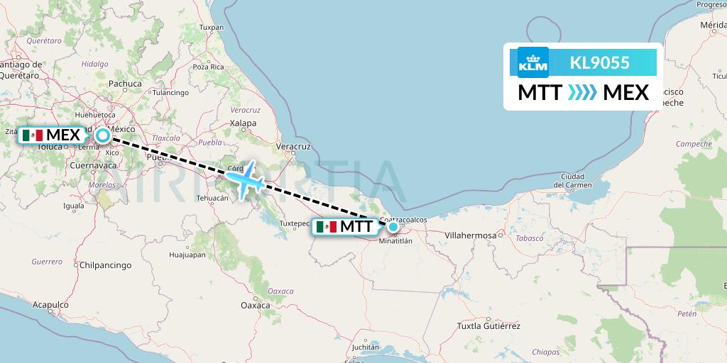 KL9055 KLM Flight Map: Minatitlan to Mexico City