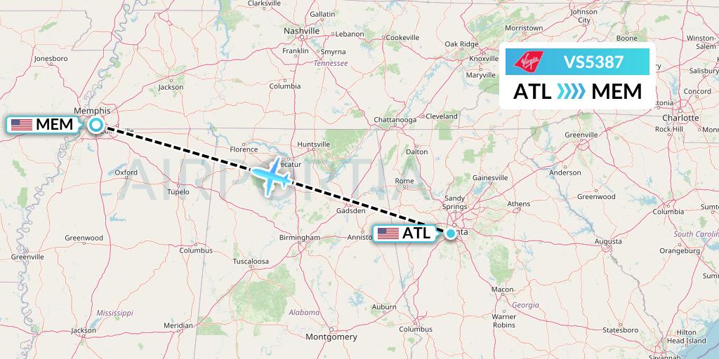 VS5387 Virgin Atlantic Airways Flight Map: Atlanta to Memphis