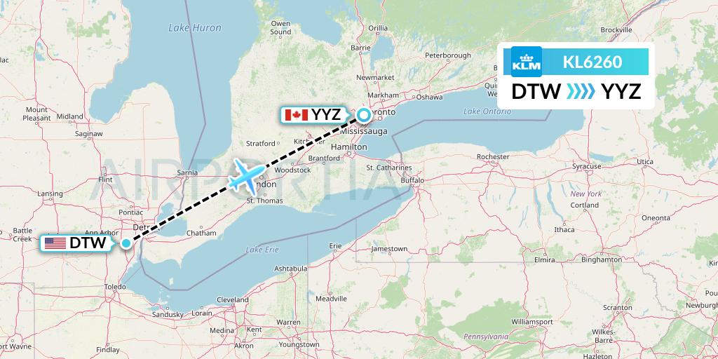 KL6260 KLM Flight Map: Detroit to Toronto