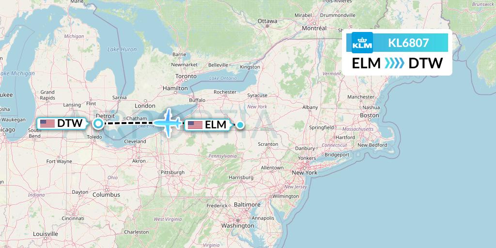 KL6807 KLM Flight Map: Elmira to Detroit