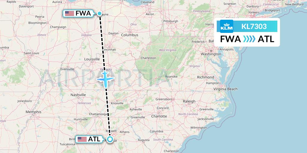 KL7303 KLM Flight Map: Fort Wayne to Atlanta