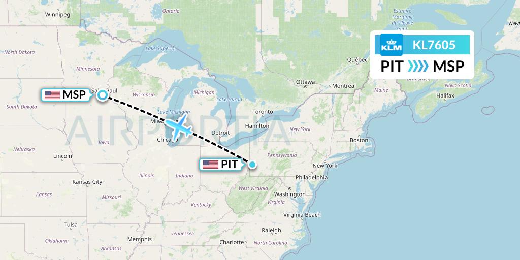 KL7605 KLM Flight Map: Pittsburgh to Minneapolis