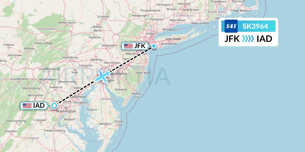 SK3964 SAS Flight Map: New York to Washington