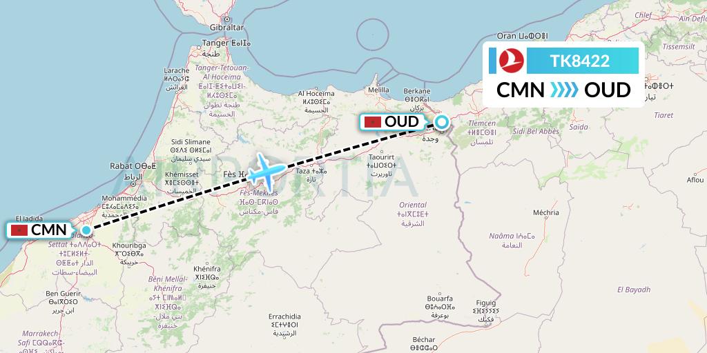 TK8422 Turkish Airlines Flight Map: Casablanca to Oujda
