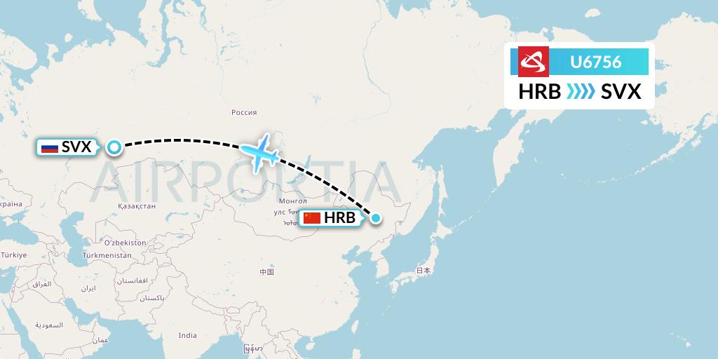 U6756 Ural Airlines Flight Map: Harbin to Yekaterinburg