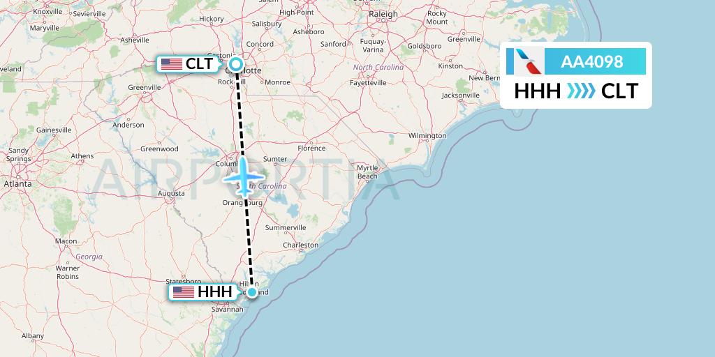 AA4098 American Airlines Flight Map: Hilton Head Island to Charlotte