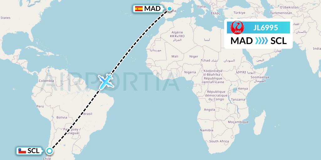 JL6995 Japan Airlines Flight Map: Madrid to Santiago
