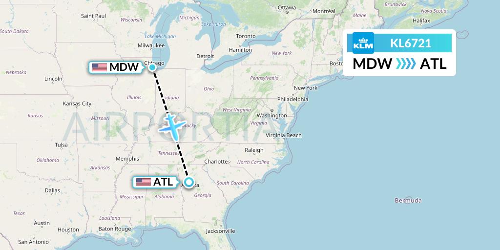 KL6721 KLM Flight Map: Chicago to Atlanta