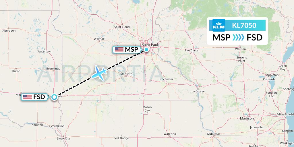 KL7050 KLM Flight Map: Minneapolis to Sioux Falls