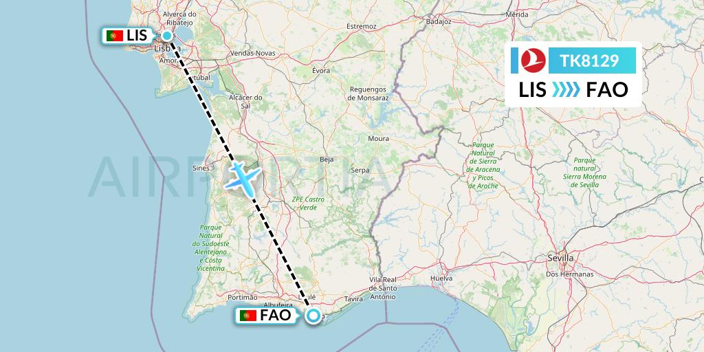 TK8129 Turkish Airlines Flight Map: Lisbon to Faro