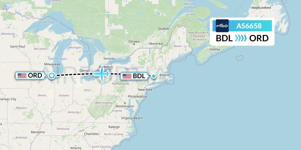 AS6658 Alaska Airlines Flight Map: Windsor Locks to Chicago