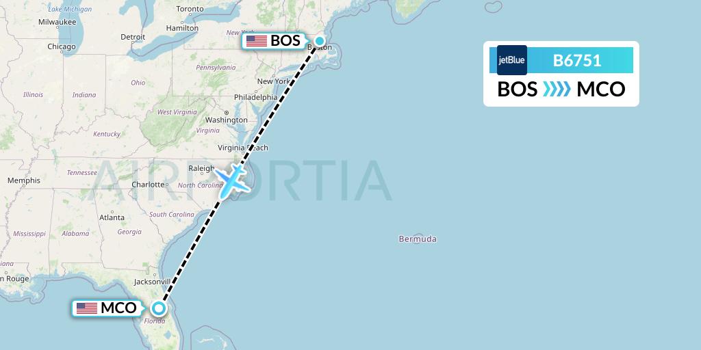 B6751 JetBlue Airways Flight Map: Boston to Orlando