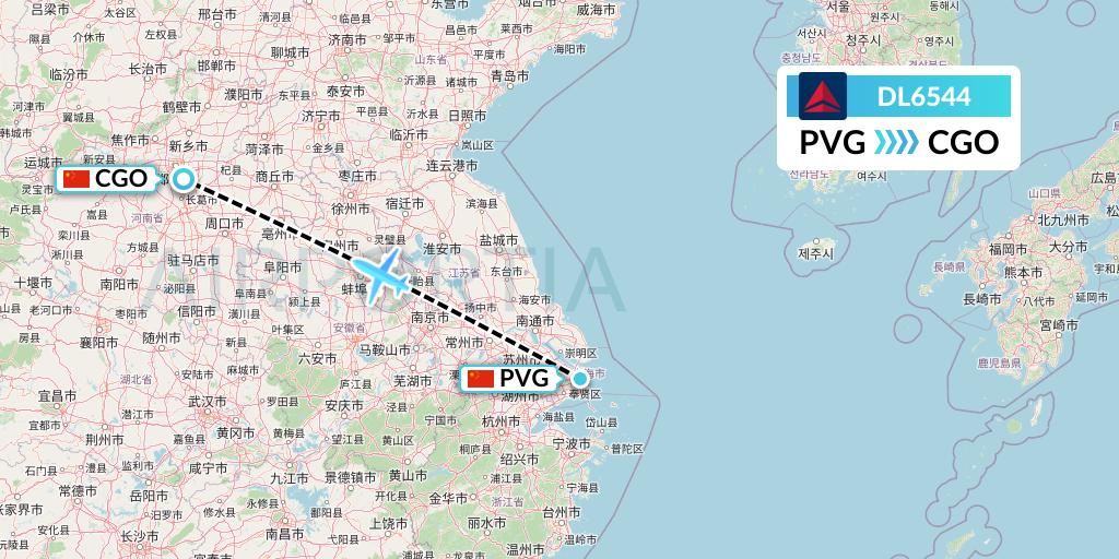 DL6544 Delta Air Lines Flight Map: Shanghai to Zhengzhou
