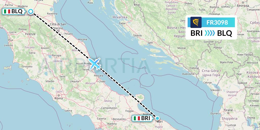 FR3098 Ryanair Flight Map: Bari to Bologna
