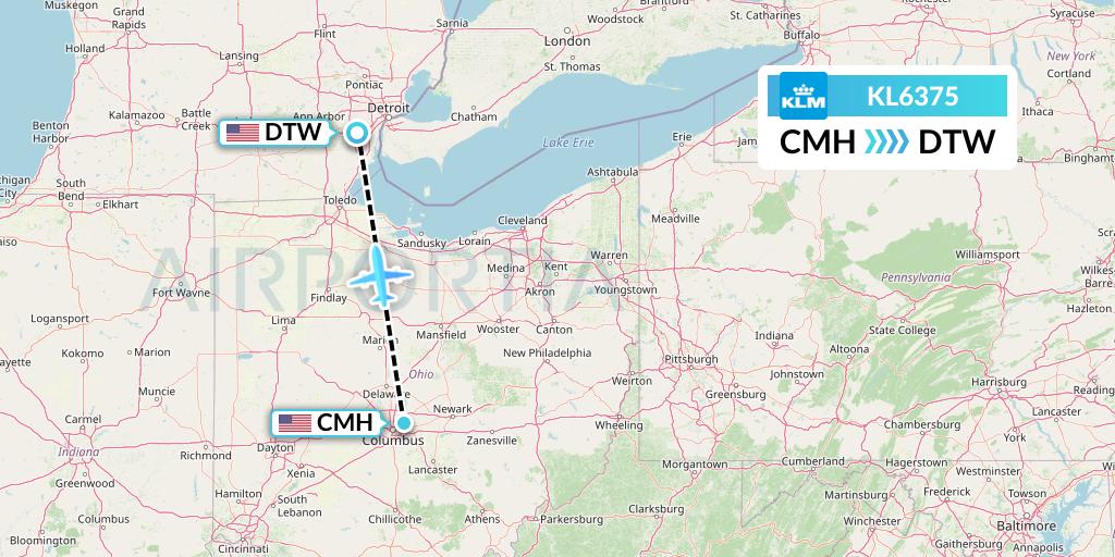 KL6375 KLM Flight Map: Columbus to Detroit