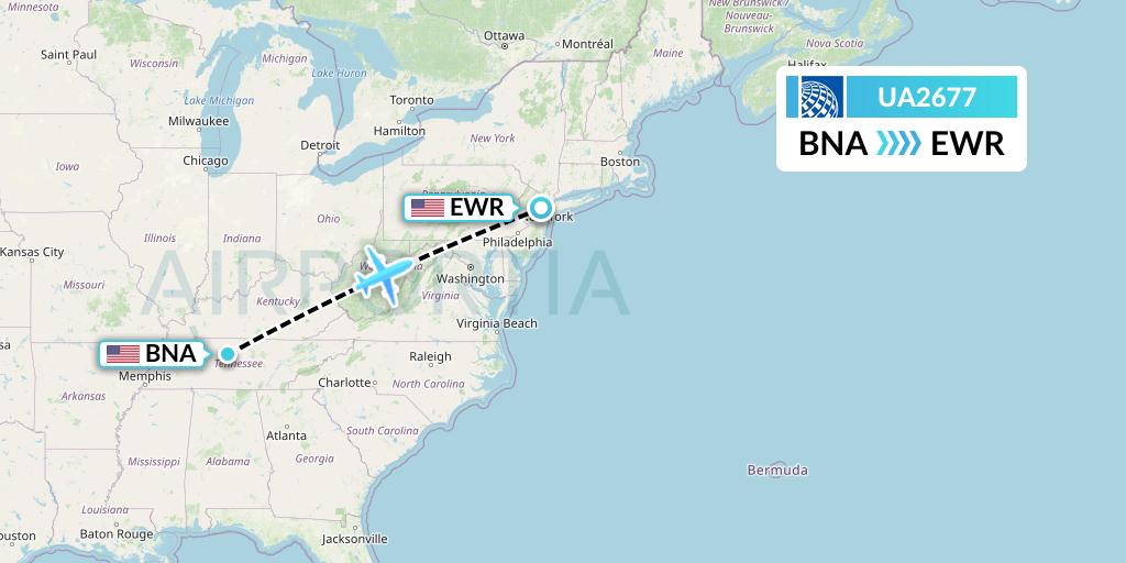 UA2677 United Airlines Flight Map: Nashville to New York