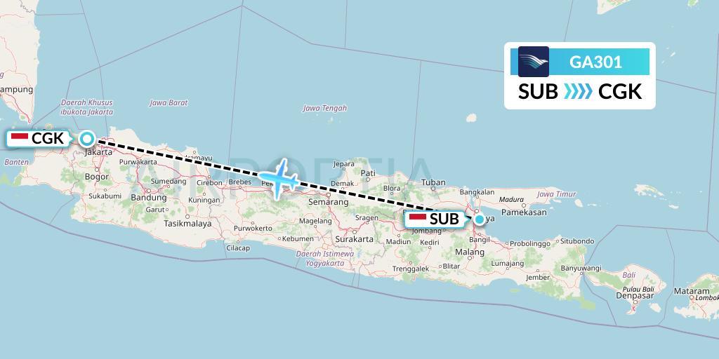 GA301 Garuda Indonesia Flight Map: Surabaya to Jakarta