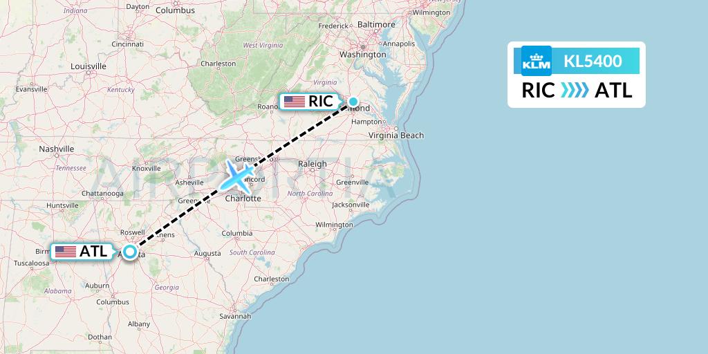 KL5400 KLM Flight Map: Richmond to Atlanta